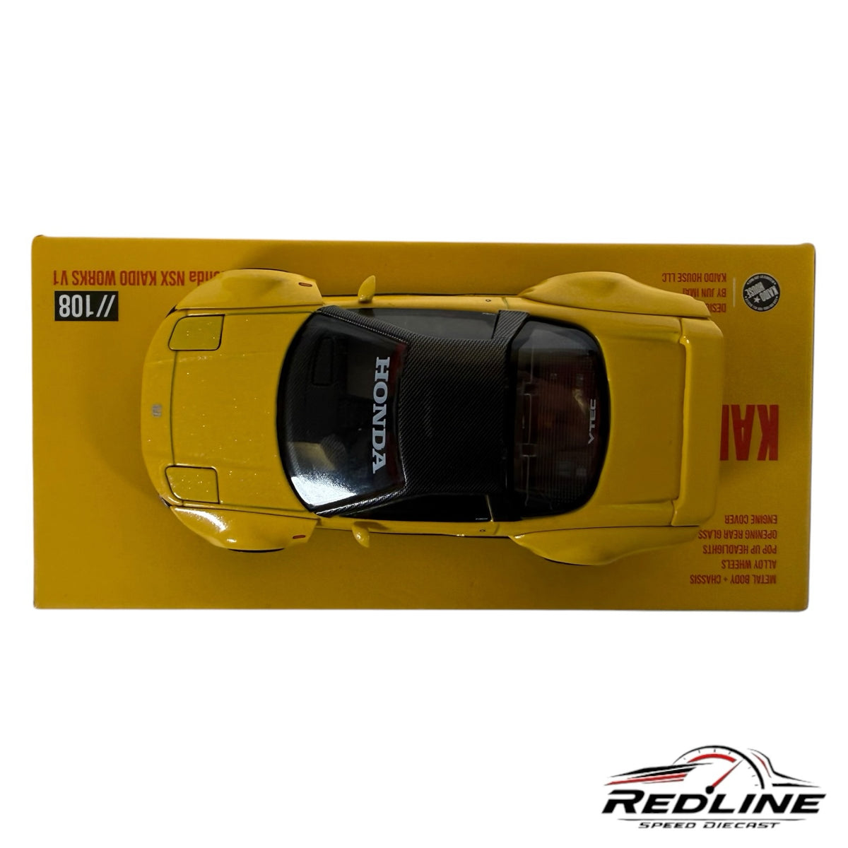 Redline Speed Diecast yellow Honda NSX Kaido Works V1 1:64 scale model with carbon fiber roof, top-down view.