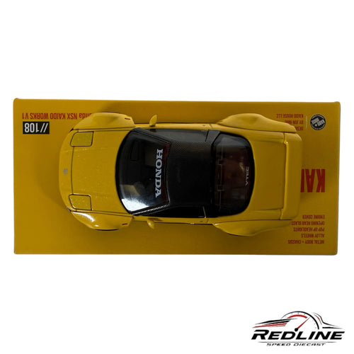 Redline Speed Diecast yellow Honda NSX Kaido Works V1 1:64 scale model with carbon fiber roof, top-down view.