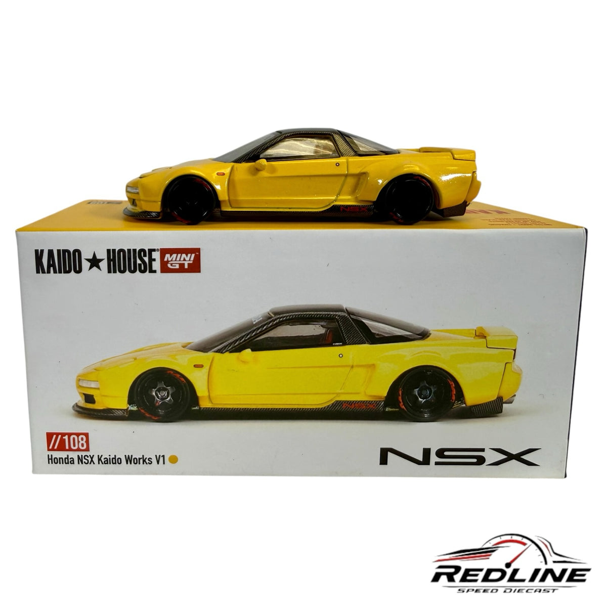 Redline Speed Diecast yellow Honda NSX Kaido Works V1 1:64 scale model car displayed on its branded packaging box.