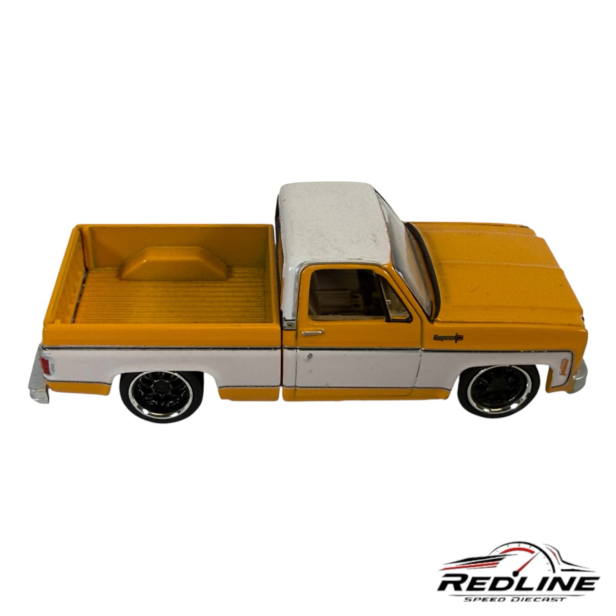 Redline Speed Diecast 1970s Chevrolet Cheyenne pickup truck model in yellow and white with custom wheels