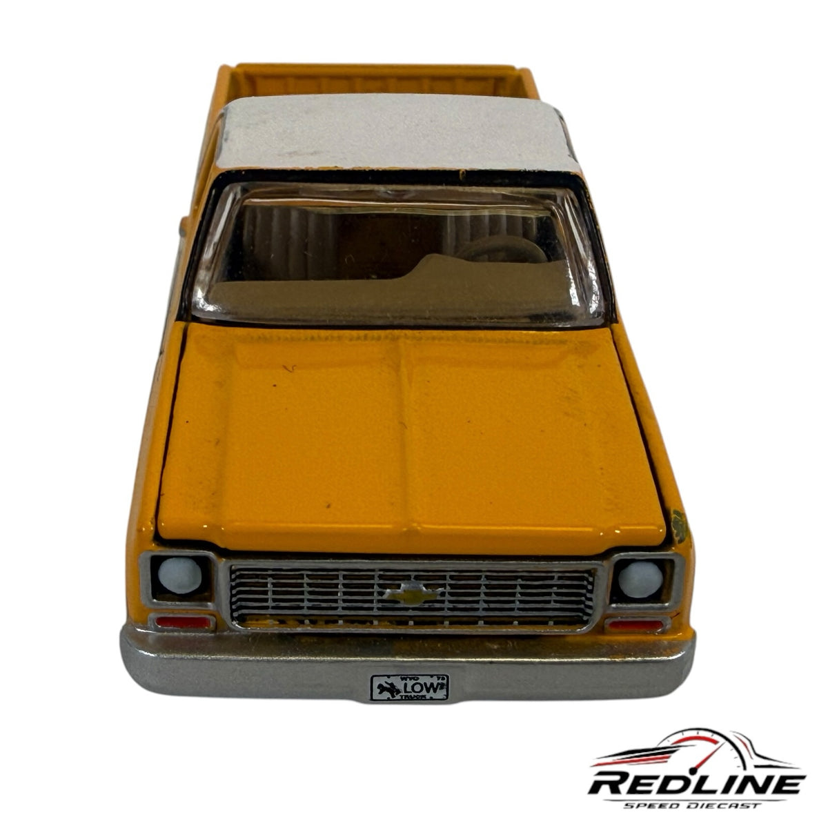 Redline Speed Diecast vintage Chevrolet Cheyenne pickup truck model in two-tone yellow and white with custom wheels