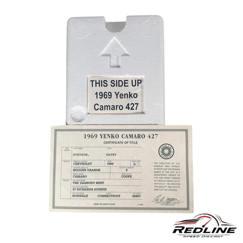 Redline Speed Diecast 1969 Yenko Camaro 427 certificate of title and styrofoam packaging insert