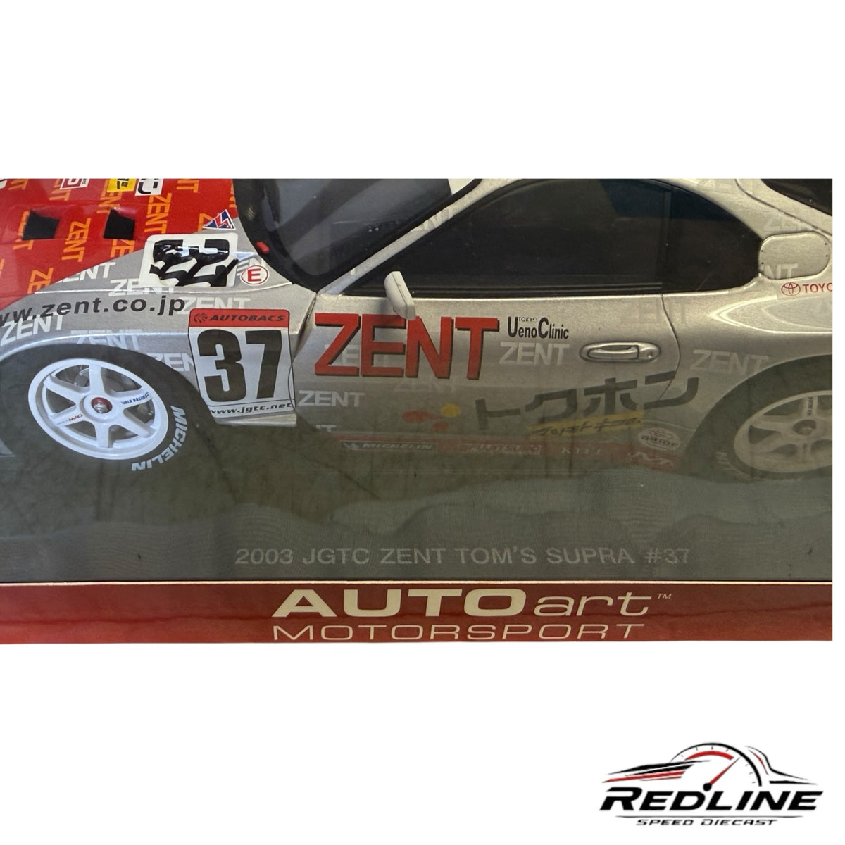 Redline Speed Diecast 1:18 scale AUTOart 2003 ZENT TOM'S Toyota Supra #37 diecast racing car model in silver and red