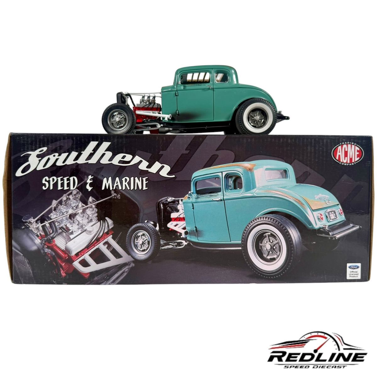 Green 1932 Ford hot rod diecast model with weathered finish and detailed engine, displayed on its branded box.