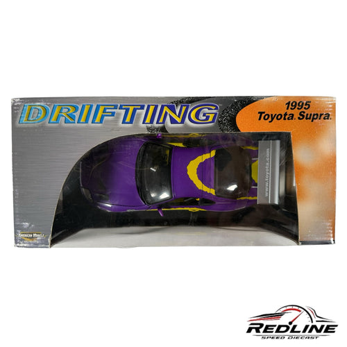 1995 Toyota Supra drifting series 1:18 scale diecast model car in purple and yellow in original display box